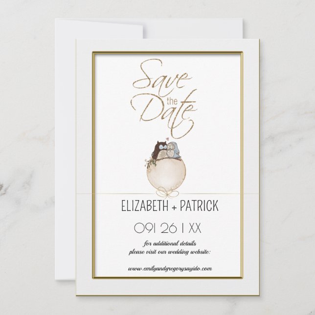 Elegant minimalism, ugglor i kärlek spara datum inbjudningar (Framsida)