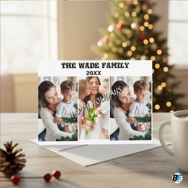 Elegant minimalist 4 fotokollage skript lycklig julkort (Skapare uppladdad)