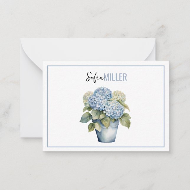 Elegant minimalist blå hortensia bröllop anteckningskort (Framsida)