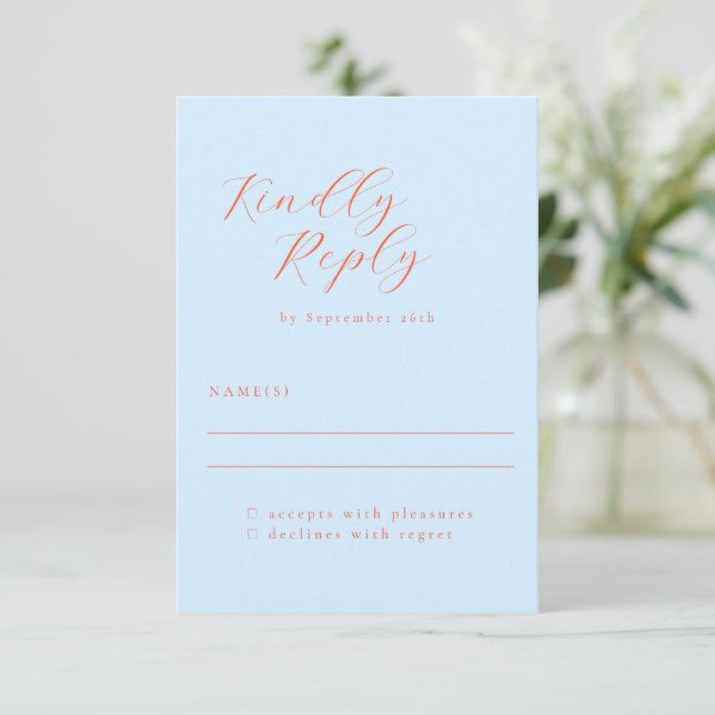 Elegant minimalist blå orange kalligrafi bröllop OSA kort (Stående Fram)