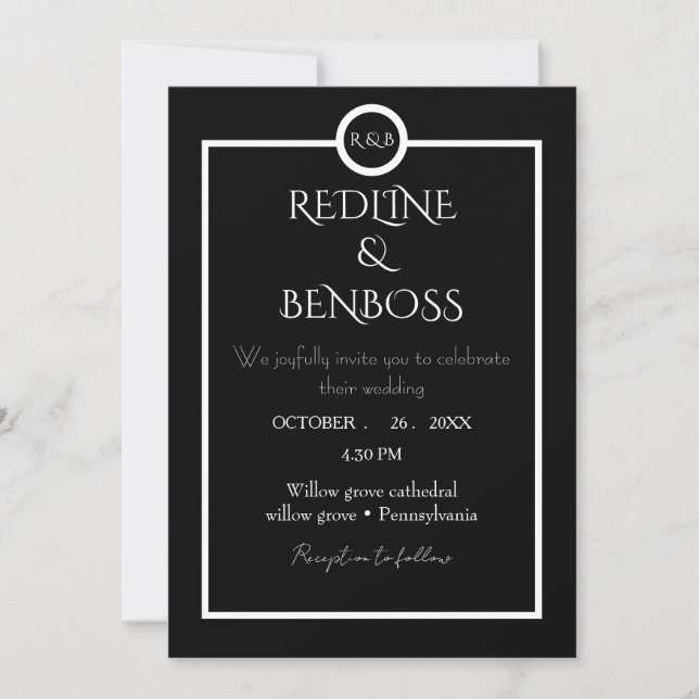Elegant Minimalist  Black & White Wedding  Invitat Inbjudningar (Framsida)