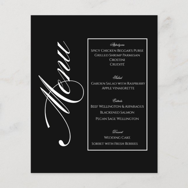 Elegant Minimalist Black & White Wedding Menu Flygblad (Framsidan)