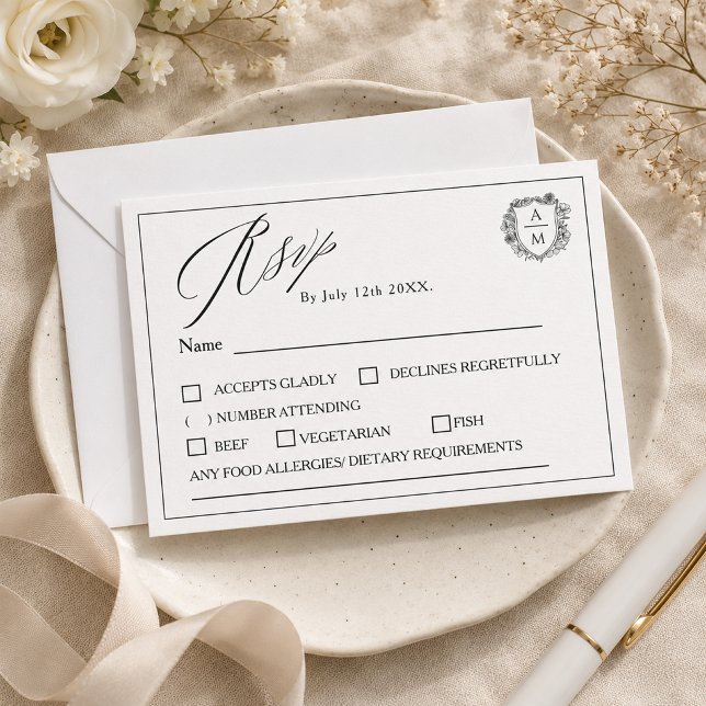 Elegant minimalist blomkrans vigselring bröllop OSA kort (Elegant Minimalist Floral Crest Wedding RSVP Card)