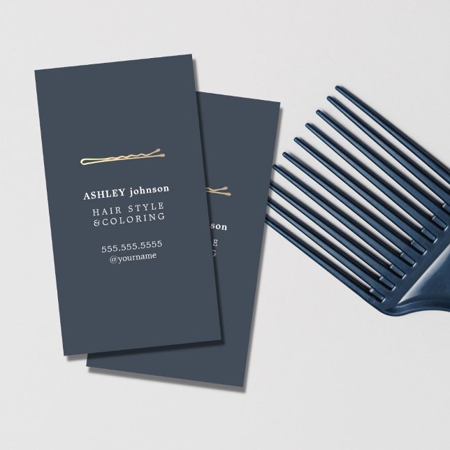 Elegant Minimalist Blue Faux Guld Hairdresser Visitkort (Skapare uppladdad)