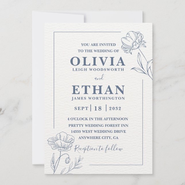 Elegant Minimalist Blue Floral Sketch Wedding  Inbjudningar (Framsida)