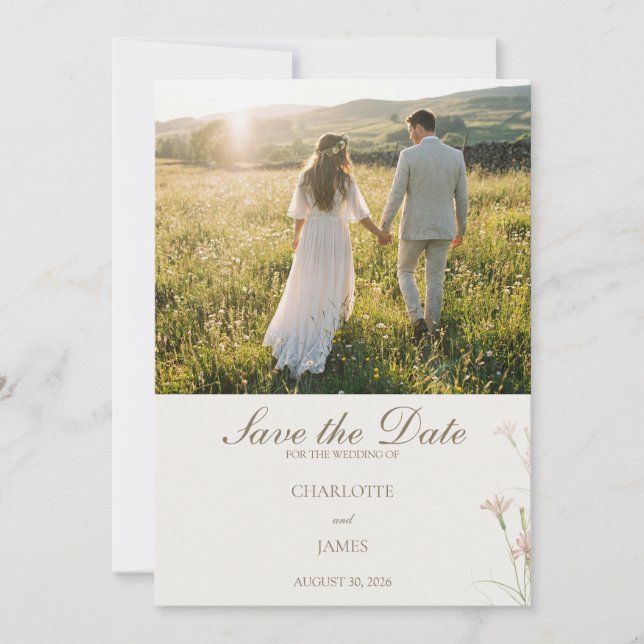 Elegant Minimalist Blush Pink Wildflower Wedding Spara Datumet (Framsida)