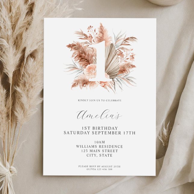 Elegant minimalist boho blomster 1-årsdag inbjudningar (Skapare uppladdad)