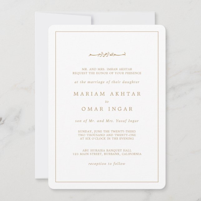 Elegant Minimalist Border Gold Islamic Wedding Inbjudningar (Framsida)