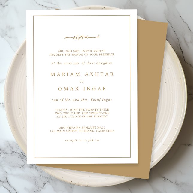 Elegant Minimalist Border Gold Muslim Wedding Inbjudningar (Skapare uppladdad)
