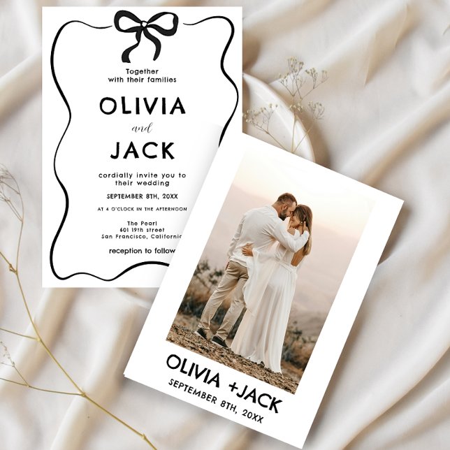 Elegant Minimalist Bow Hand Drawing Photo Wedding Inbjudningar (Skapare uppladdad)