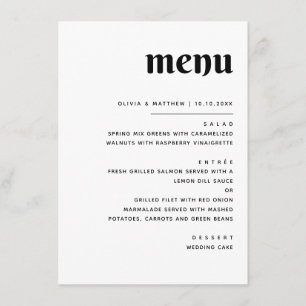 Elegant minimalist bröllop Svart & vit middag Meny