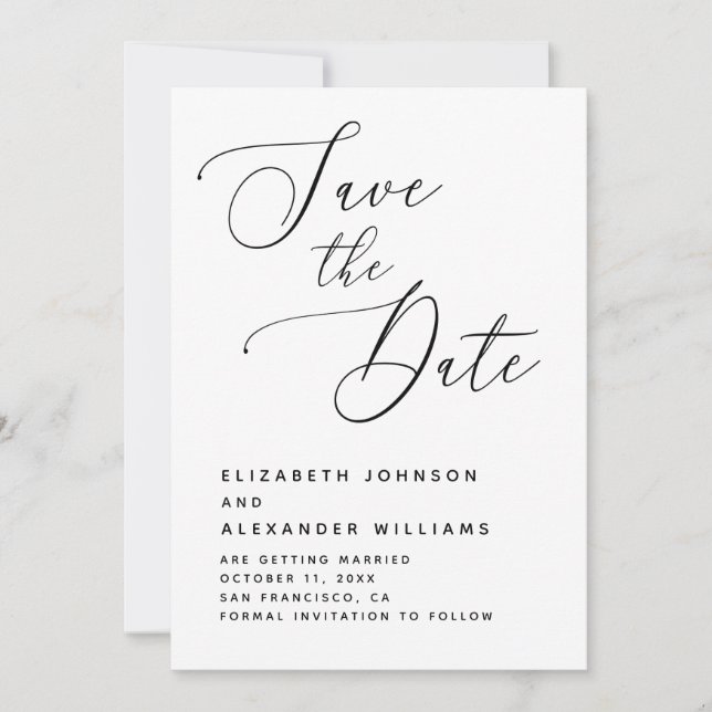 Elegant minimalist bröllop. Svart & vit skript Spara Datumet (Framsida)