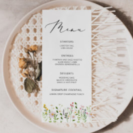 Elegant minimalist bröllopsmeny med vilda blommor meny