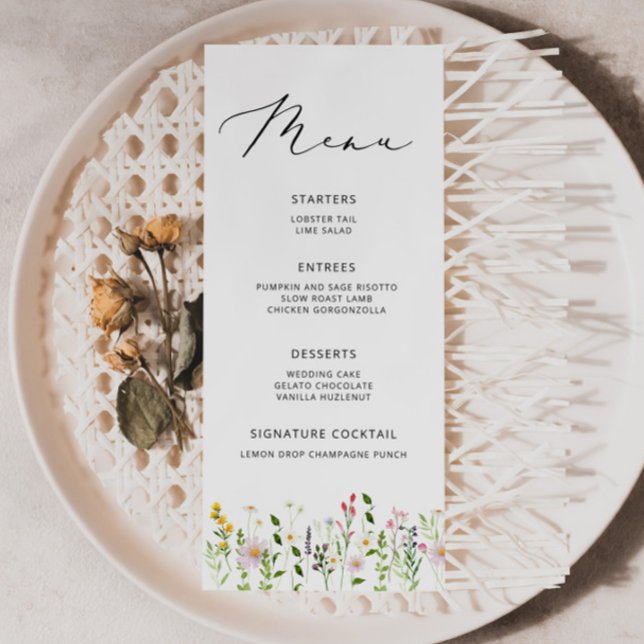 Elegant minimalist bröllopsmeny med vilda blommor meny (Skapare uppladdad)