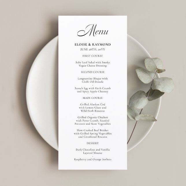 Elegant Minimalist Calligraphy White Bröllop Menu Meny (Skapare uppladdad)