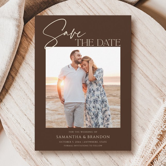 Elegant Minimalist Dark Brown Photo Save The Date Spara Datumet (Skapare uppladdad)