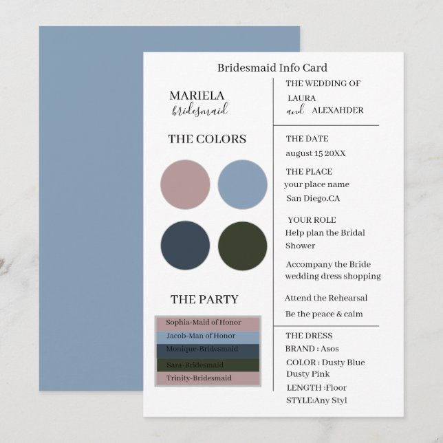 Elegant Minimalist Dusty Blue Dusty Rosa Bridesmai Inbjudningar (Fram/baksida)