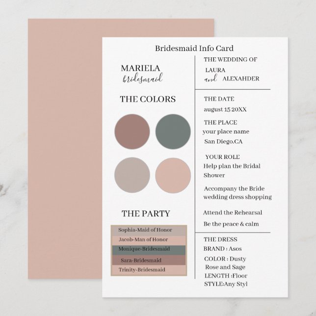 Elegant Minimalist Dusty Ro och Sage Bridesmaid Inbjudningar (Fram/baksida)