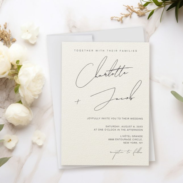 Elegant minimalist elfenbensvit bröllopsinbjudan  inbjudningar (Elegant Chic Minimalist Handlettering script names Ivory wedding invitation)