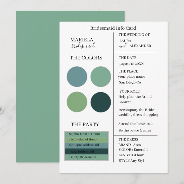 Elegant Minimalist Emerald Bridesmaid Inbjudningar (Fram/baksida)