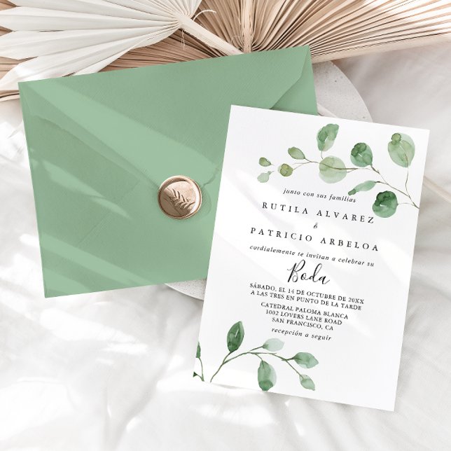 Elegant Minimalist Eucalyptus Spanska Bröllop Inbjudningar (Skapare uppladdad)