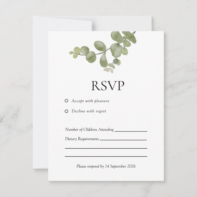 Elegant Minimalist Eucalyptus Wedding RSVP Card OSA Kort (Framsida)