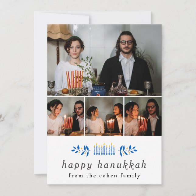 Elegant minimalist glad hanukkah familj 4 foto  julkort (Framsida)