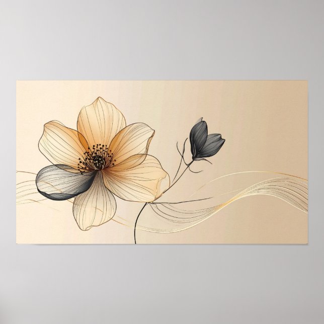Elegant Minimalist Gold & Sheer Beige Floral Botan Poster (Framsidan)