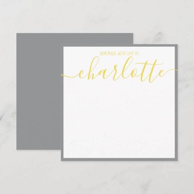 Elegant Minimalist Grått Strip Gult Script Namn Anteckningskort (Fram/baksida)