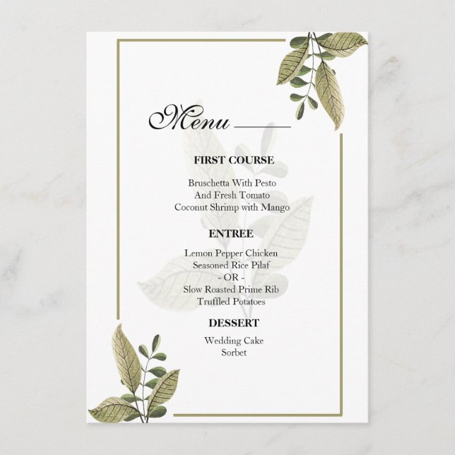 Elegant Minimalist Greenery Wedding  Menu Meny (Framsida)