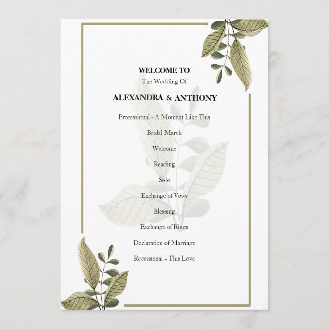 Elegant Minimalist Greenery Wedding Program (Framsida)