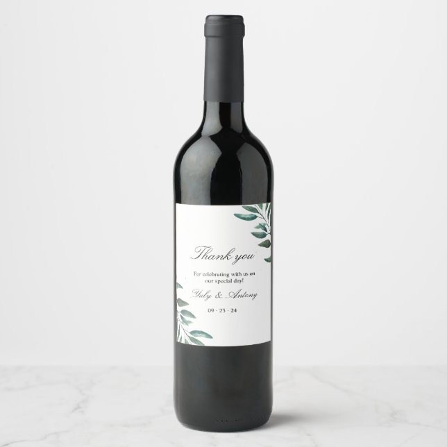 Elegant minimalist grönska bröllopsvinflaska vinflaska etikett (Framsida)