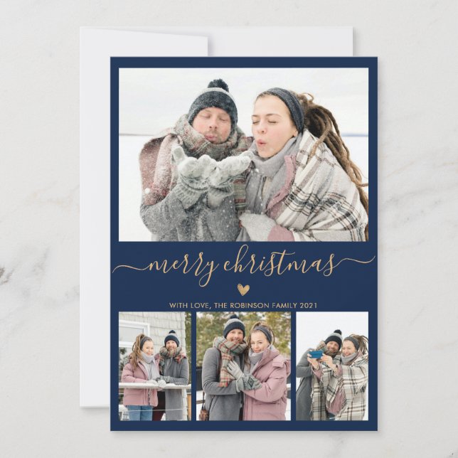 Elegant Minimalist Guld och marin 4 Fotojul Julkort (Framsida)