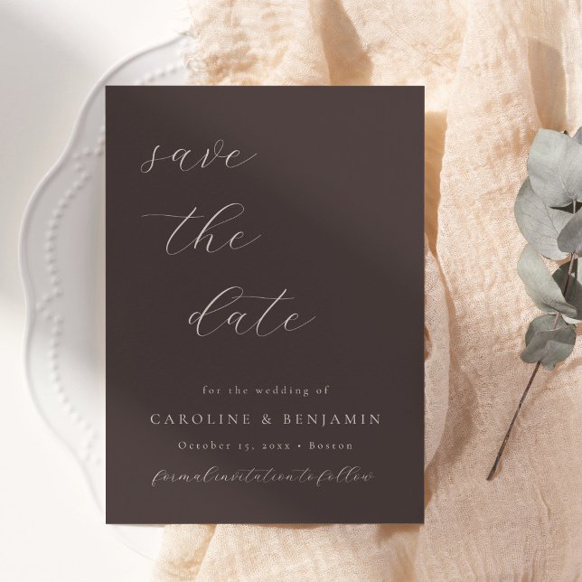 Elegant minimalist höstbrun kalligrafi bröllop spara datumet (Skapare uppladdad)