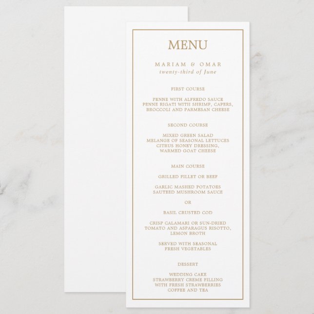 Elegant minimalist kantlinje guld bröllopsmiddag meny (Fram/baksida)