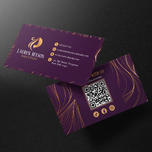 Elegant minimalist lila guld frisör QR-kod Visitkort