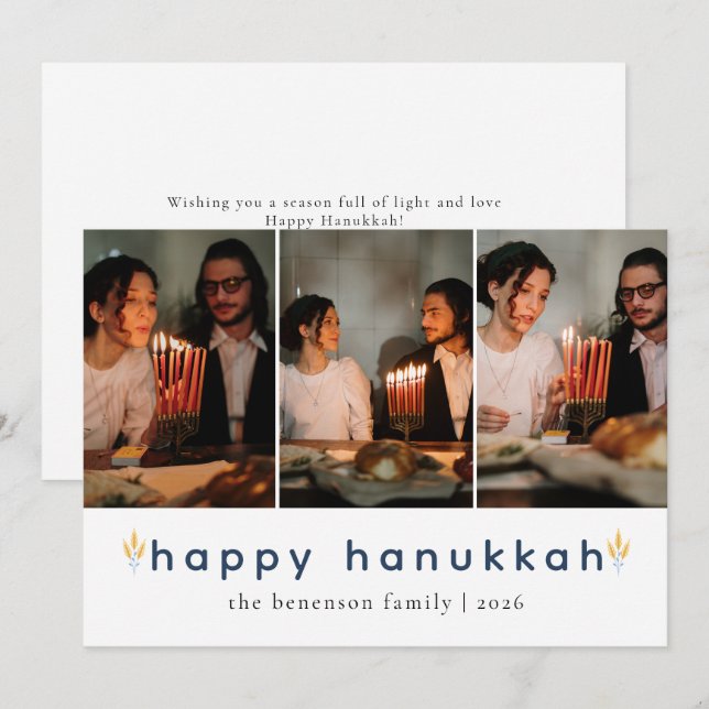 Elegant Minimalist Lycklig Hanukkah Family 3-foto Julkort (Fram/baksida)