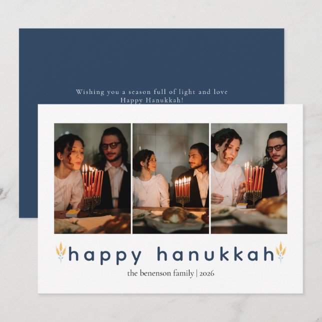 Elegant Minimalist Lycklig Hanukkah Family 3-foto Julkort (Fram/baksida)