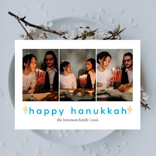 Elegant Minimalist Lycklig Hanukkah Family 3-foto Julkort (Skapare uppladdad)