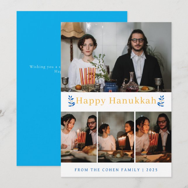 Elegant Minimalist Lycklig Hanukkah Family 4 Foto Julkort (Fram/baksida)