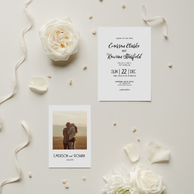 Elegant minimalist med Photo editable Bröllop Inbjudningar (Minimalist Wedding invite with customisable Text and Picture of the Couple on the Back)
