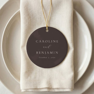 Elegant minimalist mocha brun kalligrafi bröllop julgransprydnad keramik