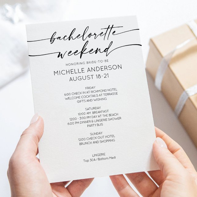 Elegant minimalist möhippa veckoslutsschema inbjudningar (Bachelorette Weekend Itinerary Invitation Card)