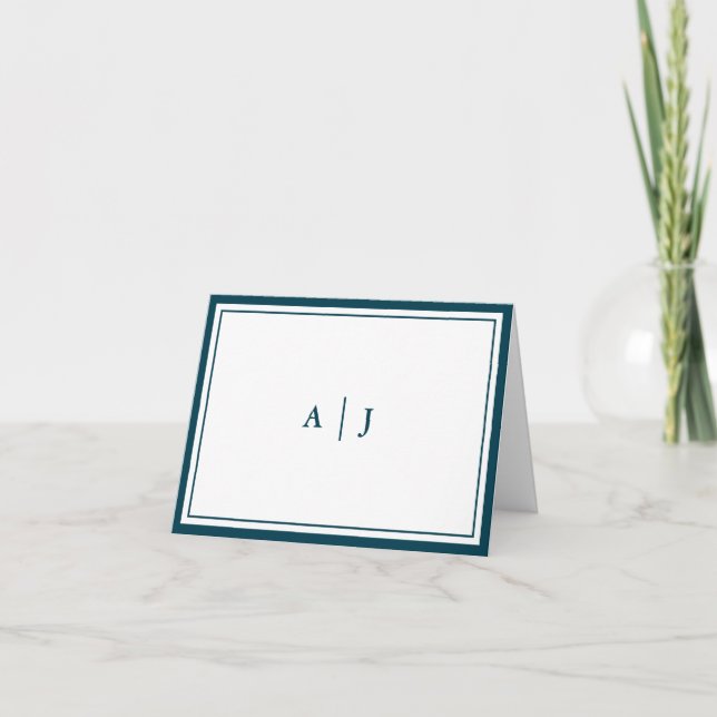 Elegant minimalist monogram i tealblått vikta anteckningskort (Framsida)