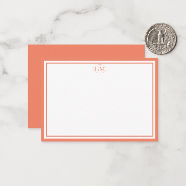Elegant minimalist monogram orange två ramar  anteckningskort (Fram/Back In Situ)