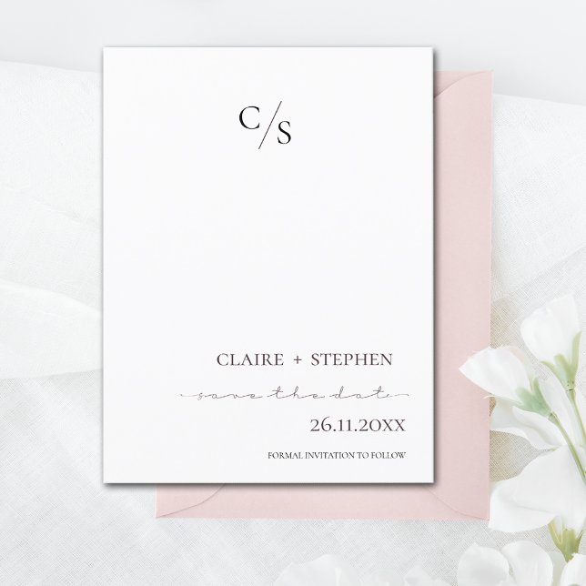 Elegant minimalist monogram svart vitt bröllop  meddelande vykort (Elegant Minimalist Monogram Black White Wedding Announcement Postcard)