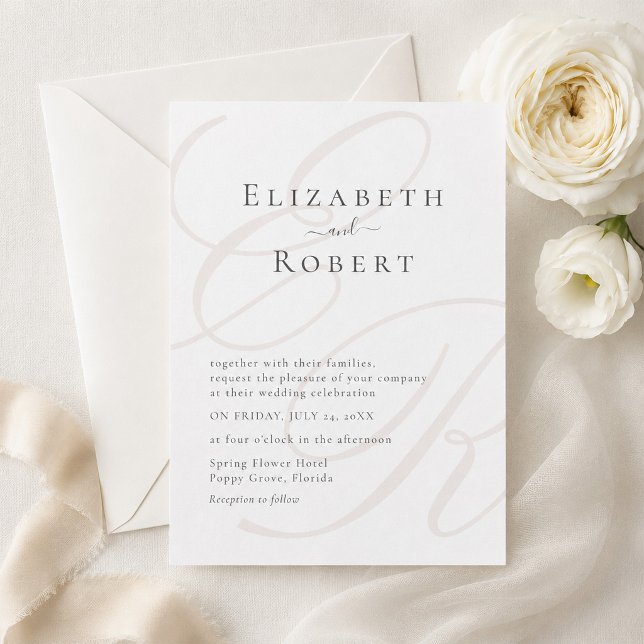 Elegant minimalist monogrambröllop inbjudningar (Elegant Minimalist Monogram Wedding Invitation on a table with white flowers)