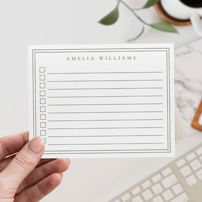 Elegant Minimalist Olive Green Checkbox To Do List Anteckningskort (Skapare uppladdad)