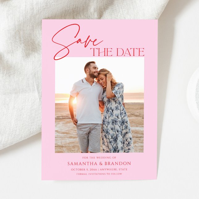 Elegant Minimalist Pink Red Photo Save The Date Spara Datumet (Skapare uppladdad)