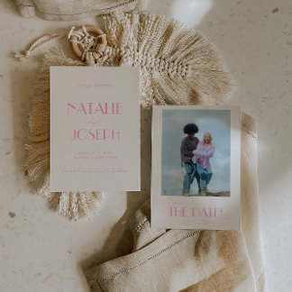 Elegant Minimalist Pink Whimsical Photo Wedding Spara Datumet